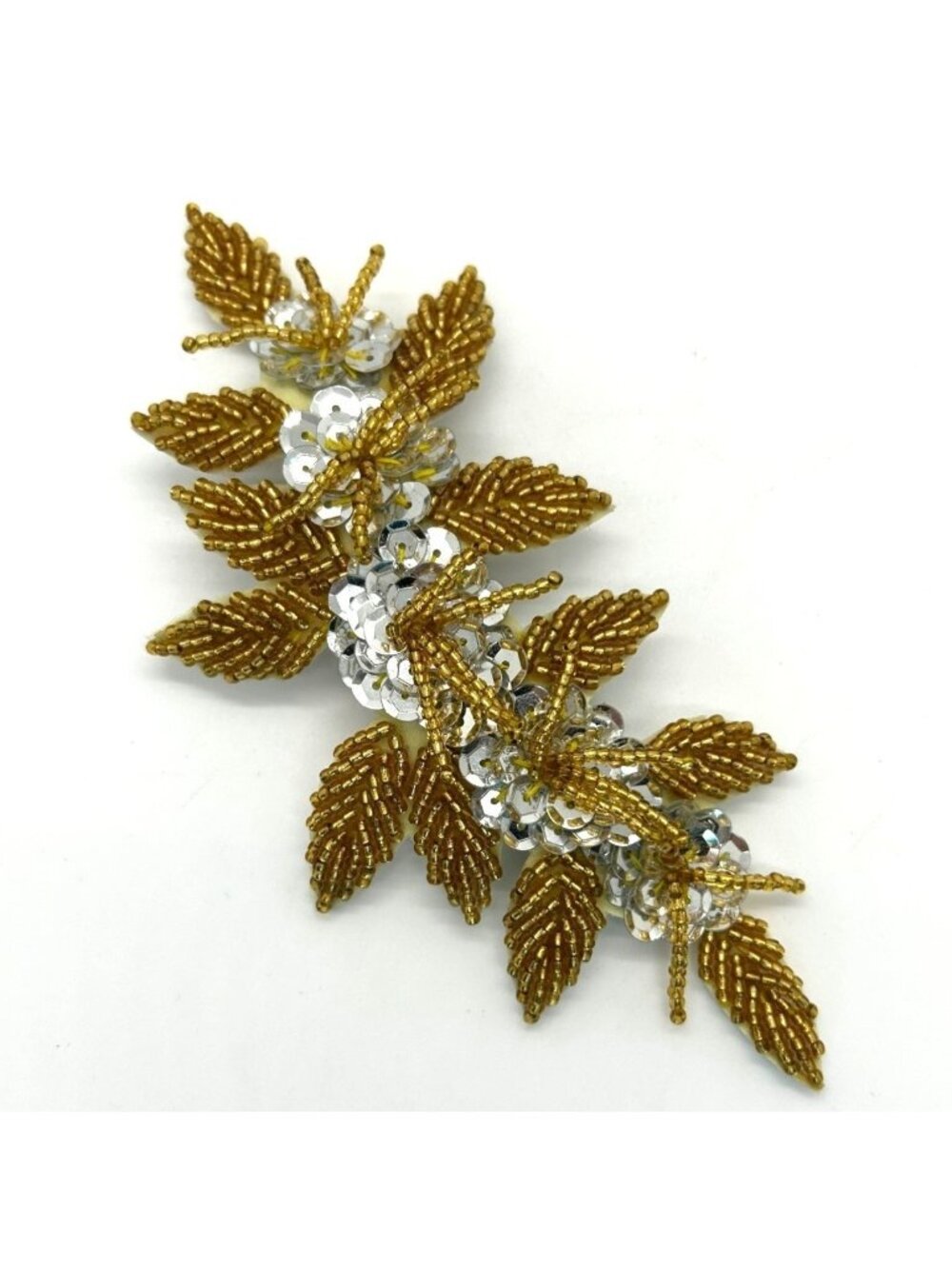 Floral Hair Barrette Gold-Tone Beaded Silvertone Sequin 6" Bridal Prom Formal
